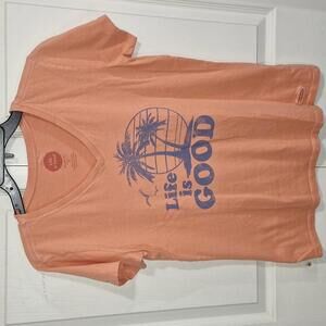 Life is Good Vintage Palms Crusher V Neck t shirt - M - peach/blue